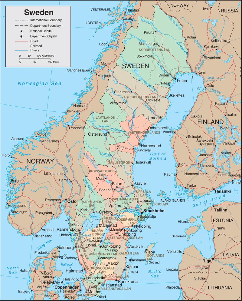 Karta Sverige - Detaljerad karta över Sverige (Norra Europa - Europa)