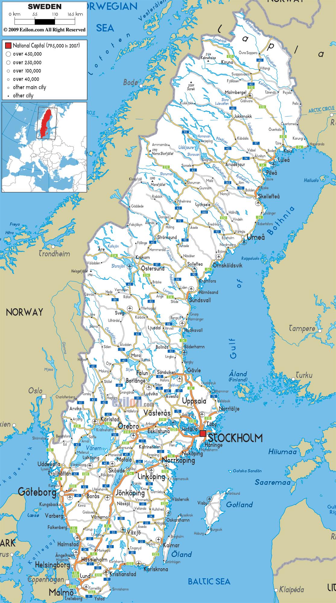 Sverige road map - vägkarta över Sverige (Norra Europa - Europa)