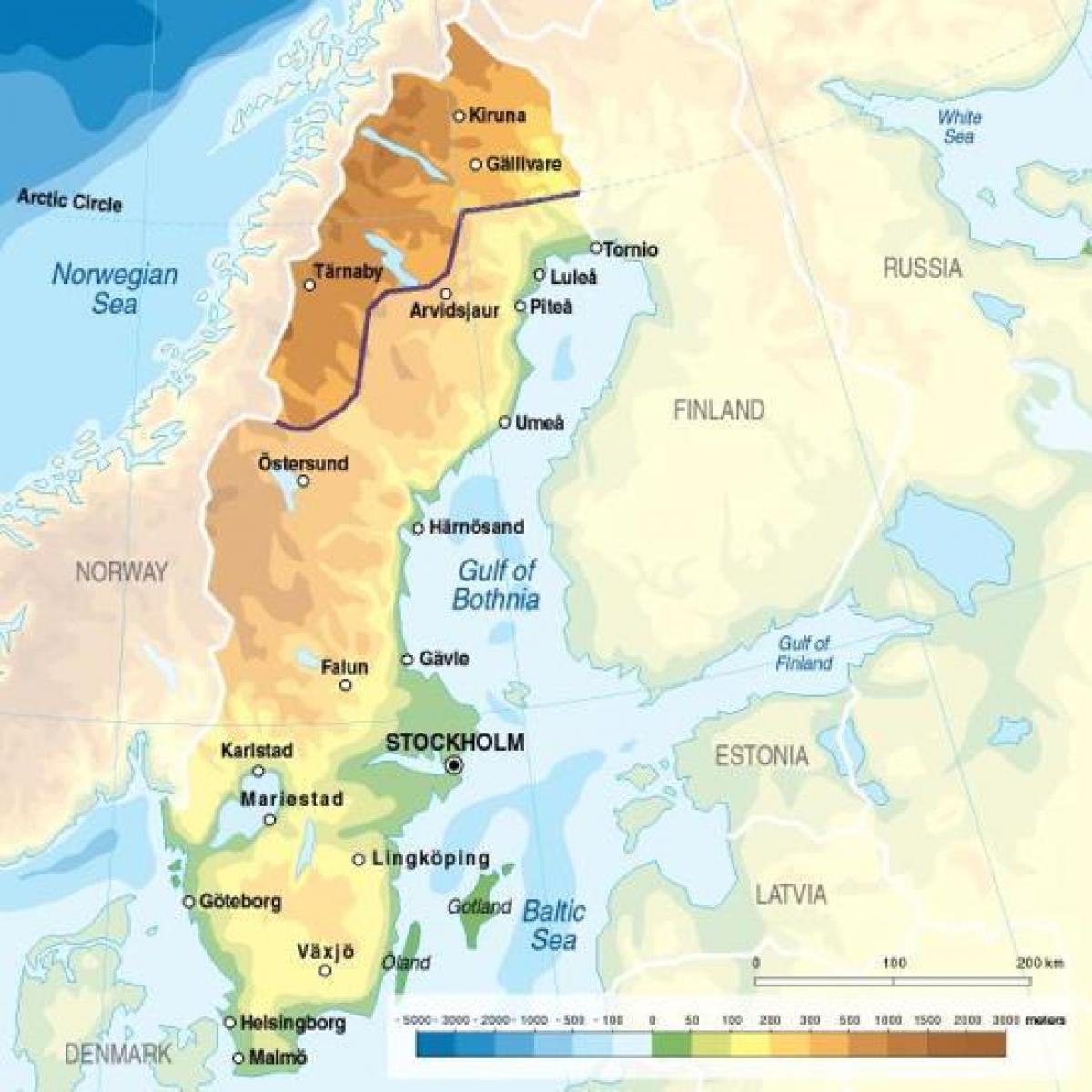 Sverige elevation map - Karta över Sverige i höjd (Norra Europa - Europa)